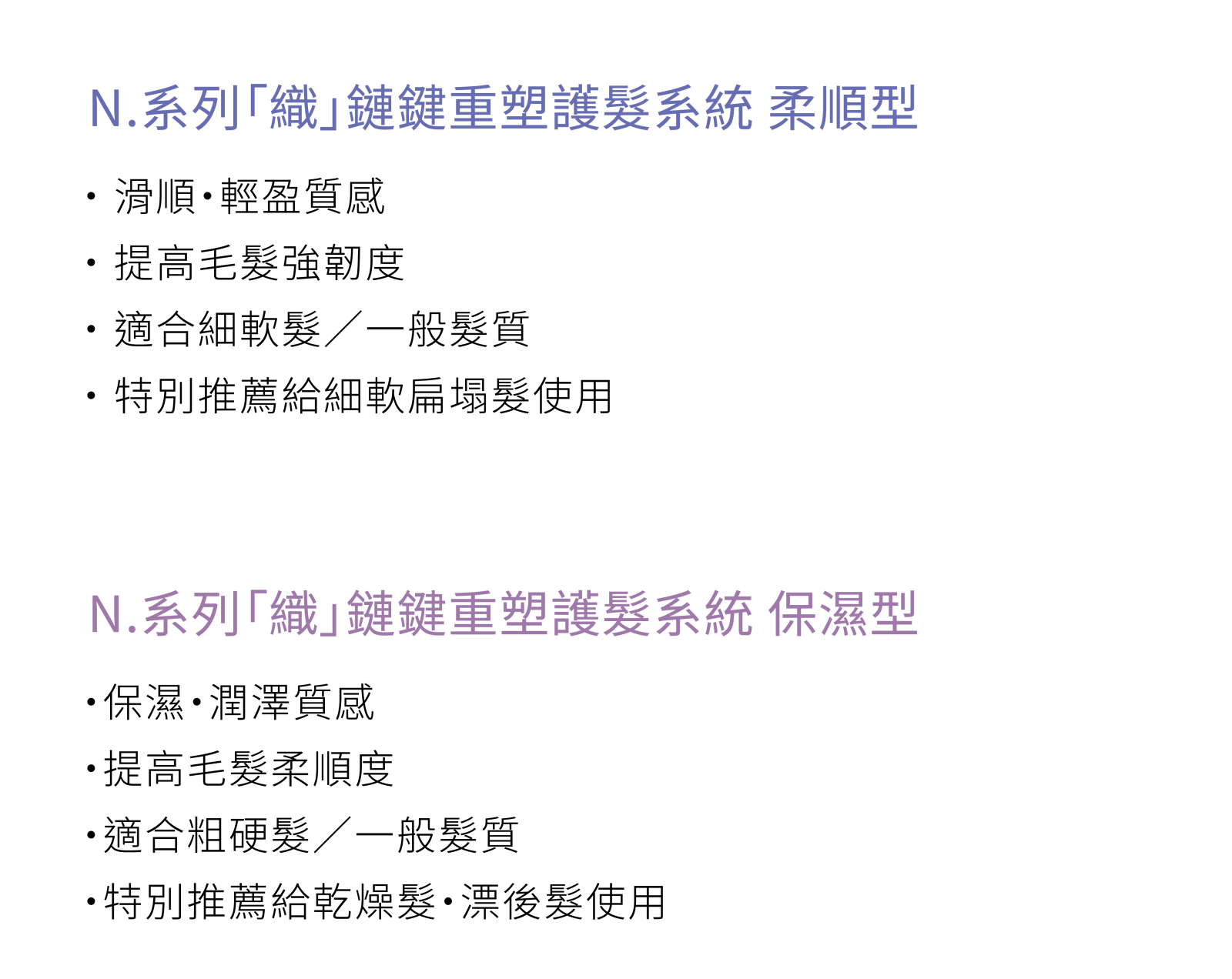 N.織鏈鍵重塑護髮系統柔順型與保濕型比較:適合髮質、質感訴求與推薦使用族群說明