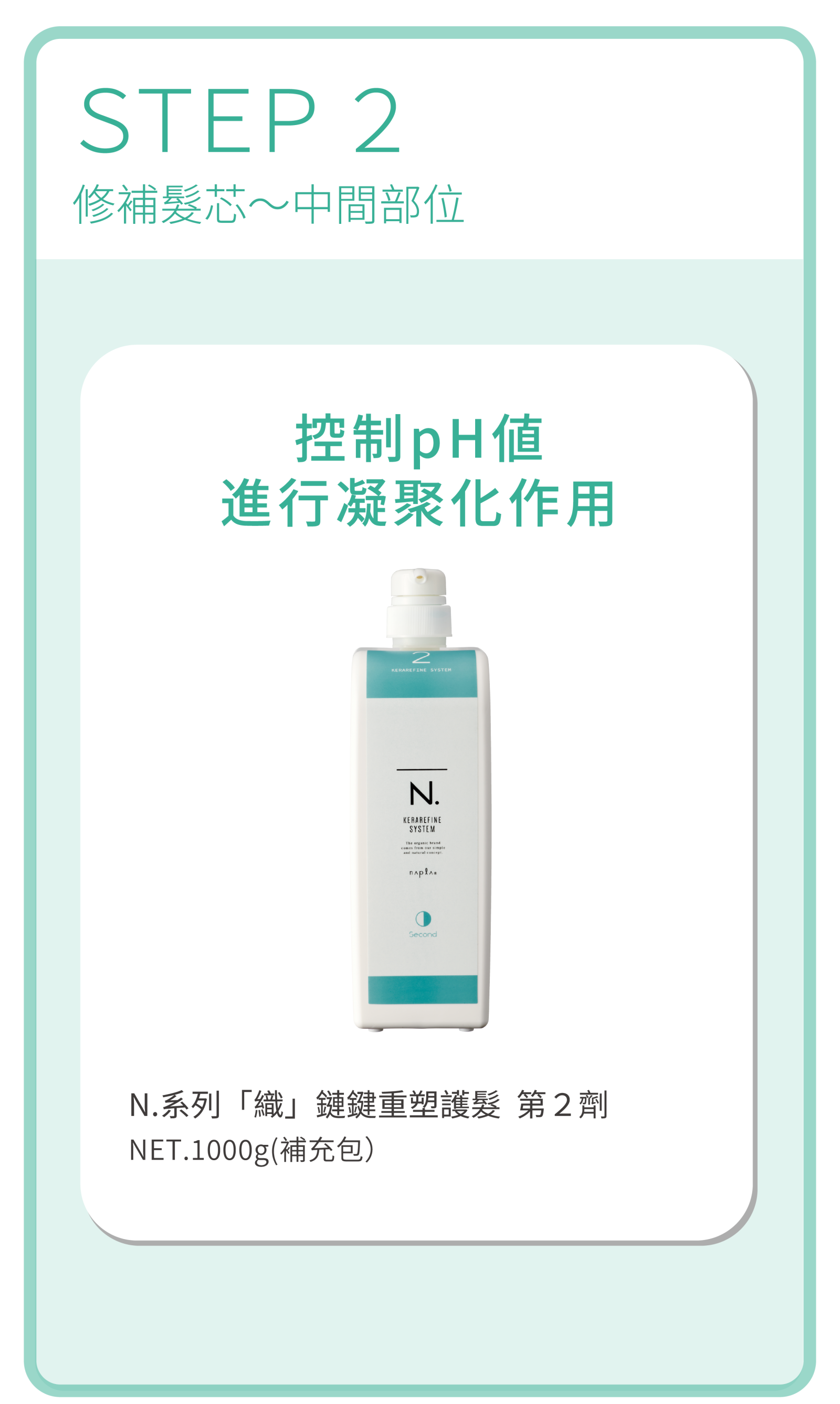 N.織鏈鍵重塑護髮系統STEP2第2劑:控制pH值進行凝聚化作用,修補髮芯至中間部位