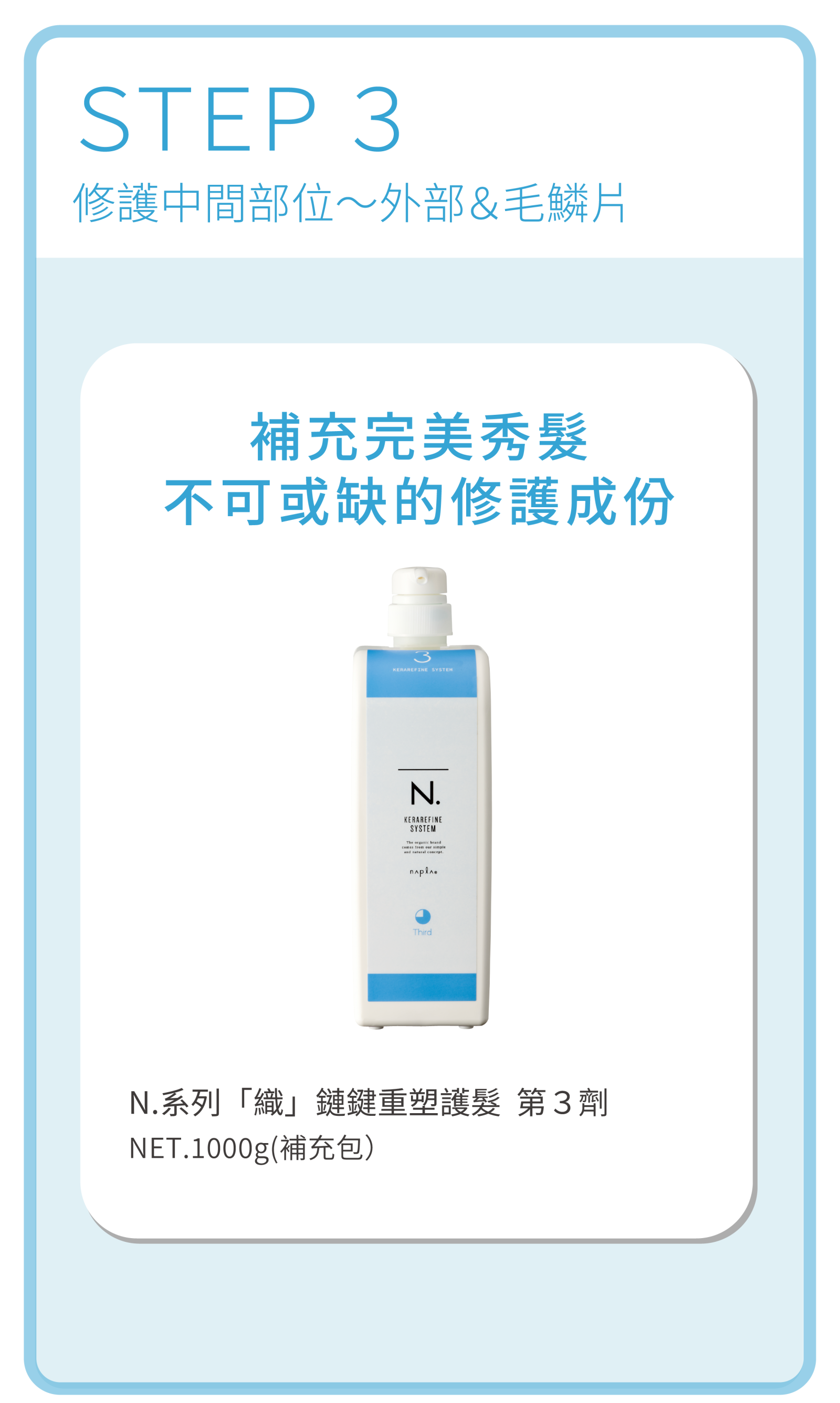 N.織鏈鍵重塑護髮系統STEP3第3劑:補充完美秀髮不可或缺的修護成份,修護外部與毛鱗片